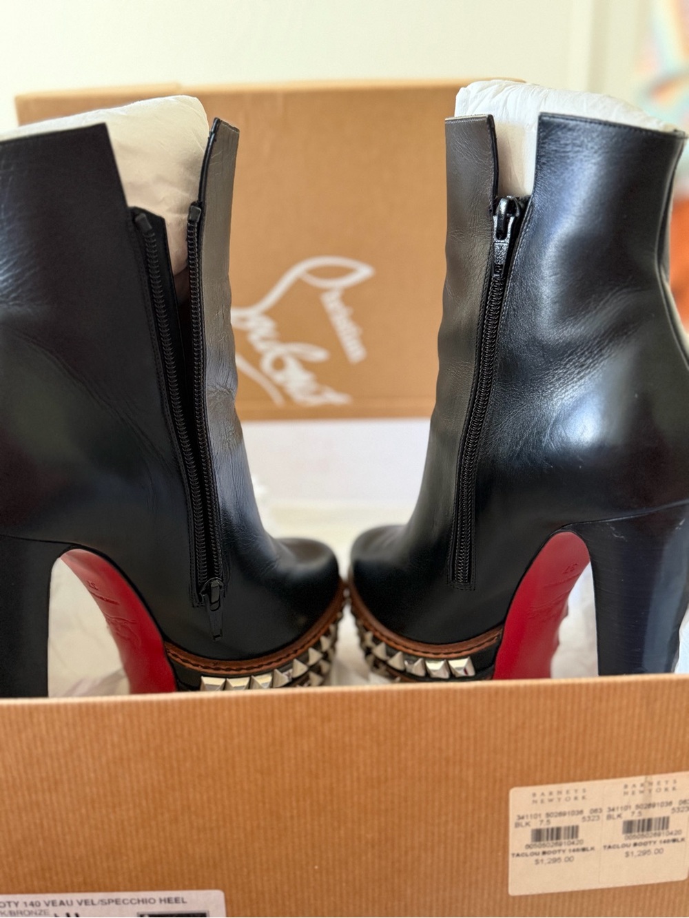 Christian Louboutin Taclou Booty Black Leather Studded Platform Zip Boots US 7.5 - Picture 6 of 9